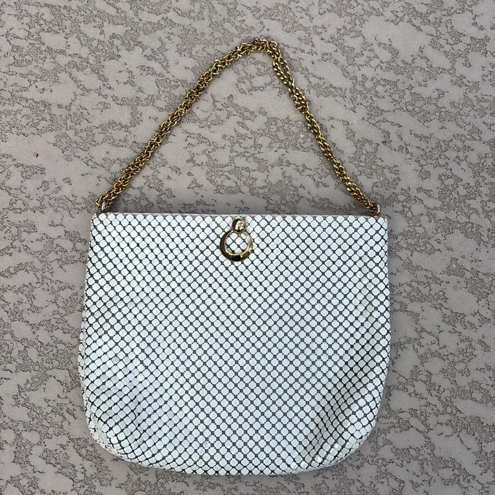 Vintage Whiting and Davis Bag Purse White Mesh Metal Gold Chain Strap 70s